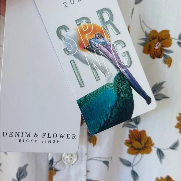 NWT! Denim & Flower Men’s White Shirt with brown and Green Floral Design - Picture 3 of 5